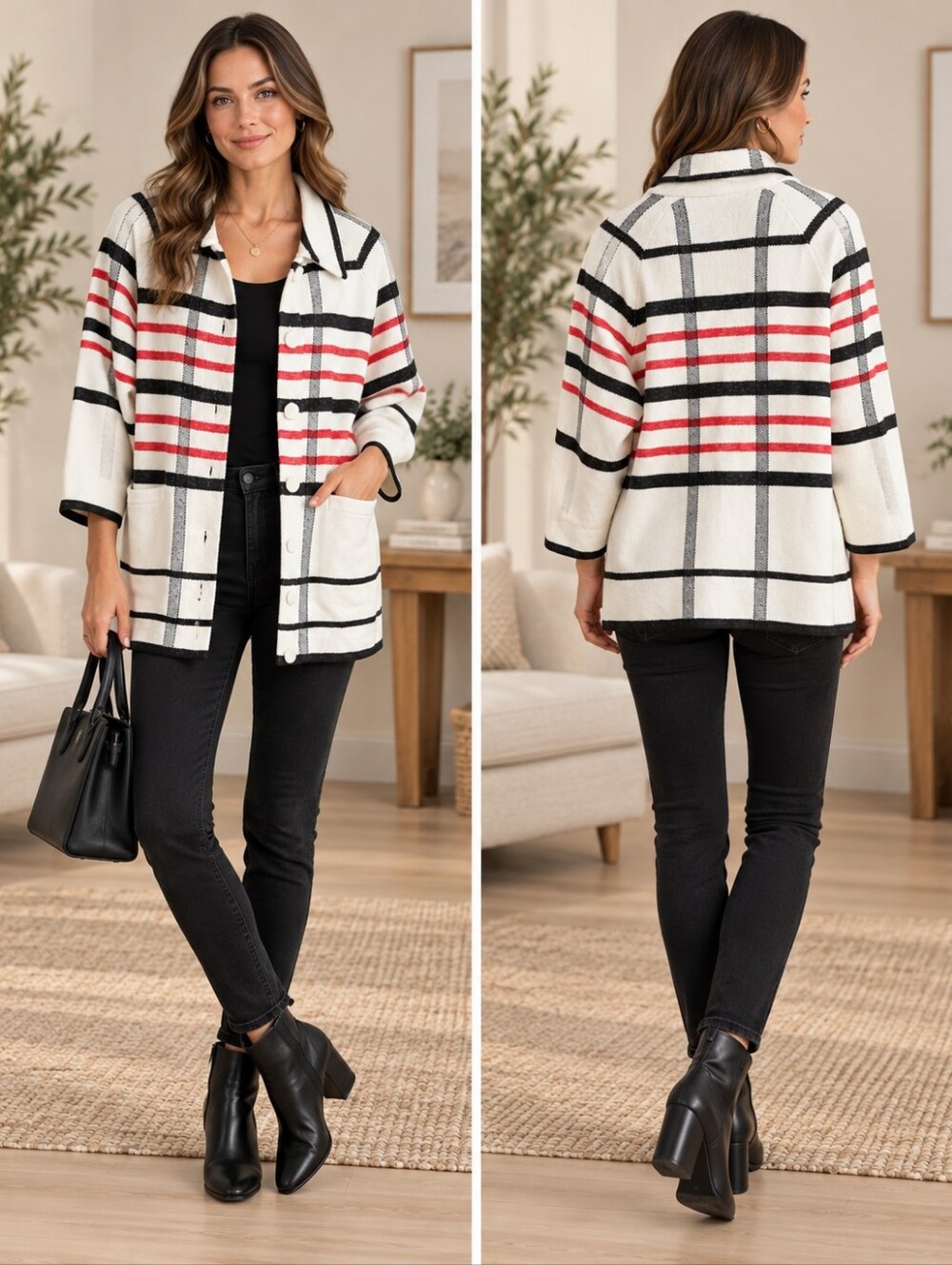Cabi "Executive Jacket" Plaid Stripe Pique Knit Button-Front Coat Size L